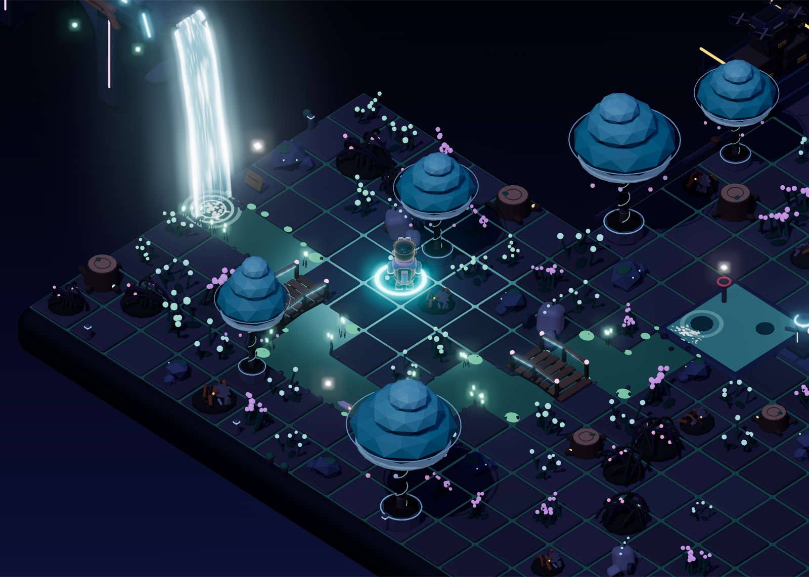 Echo Acres: a neon island at night with a glowing waterfall